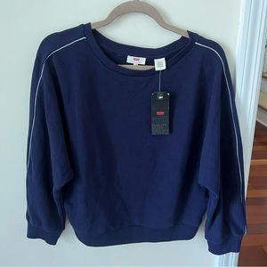 Women’s Navy Blue Levi’s Pullover Sweatshirt with White Stripe Sleeve Detail